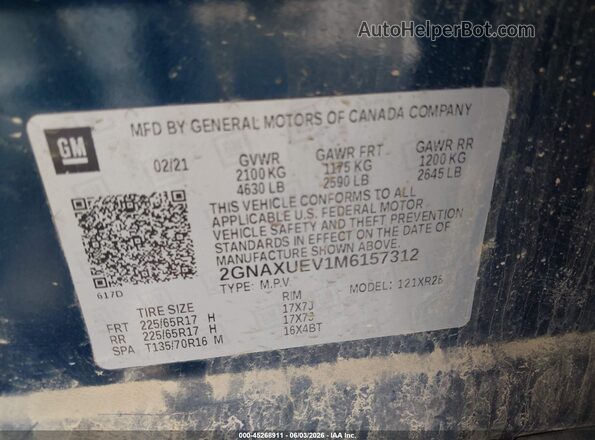 2GNAXUEV1M6157312 2021 CHEVROLET EQUINOX Blue Engine compartment view