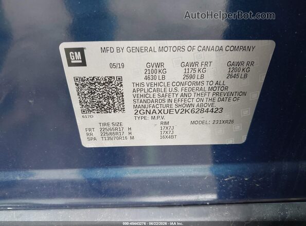 2GNAXUEV2K6284423 2019 CHEVROLET EQUINOX Blue Engine compartment view
