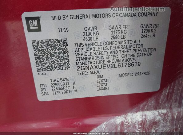 2GNAXUEV2L6178619 2020 CHEVROLET EQUINOX Burgundy Widok komory silnika