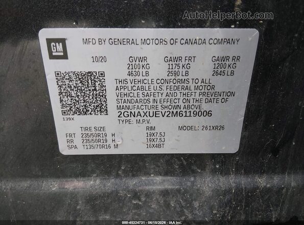 2GNAXUEV2M6119006 2021 CHEVROLET EQUINOX Pewter Вид підкапотного простору