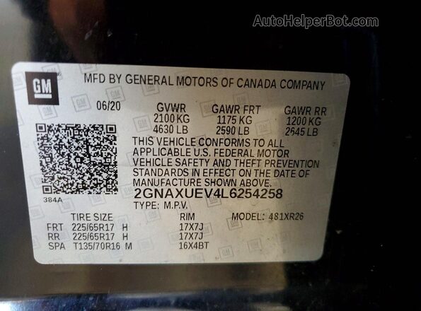 2GNAXUEV4L6254258 2020 CHEVROLET EQUINOX Black VIN კოდის სტიკერის ხედი
