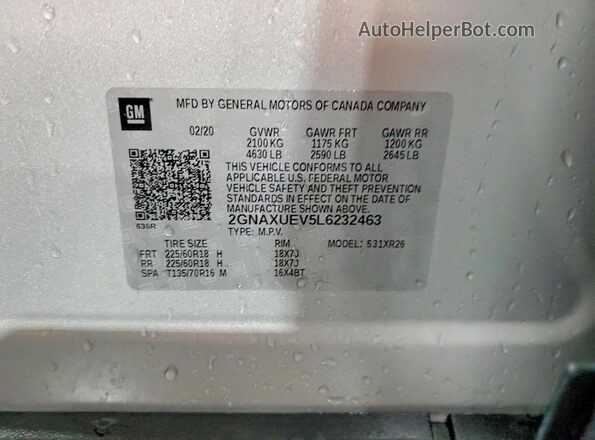 2GNAXUEV5L6232463 2020 CHEVROLET EQUINOX Серебряный Вид подкапотного пространства