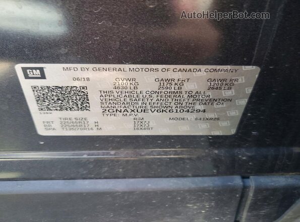 2GNAXUEV6K6104294 2019 CHEVROLET EQUINOX Black VIN კოდის სტიკერის ხედი