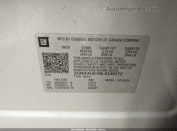 2GNAXUEV6L6149172 2020 CHEVROLET EQUINOX Silver Widok komory silnika