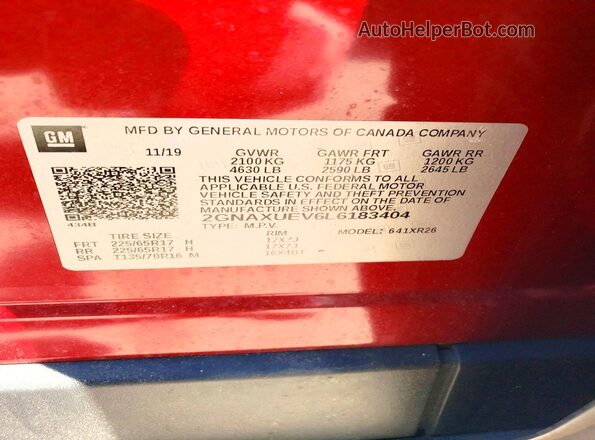 2GNAXUEV6L6183404 2020 CHEVROLET EQUINOX Red VIN կոդի պիտակի տեսք