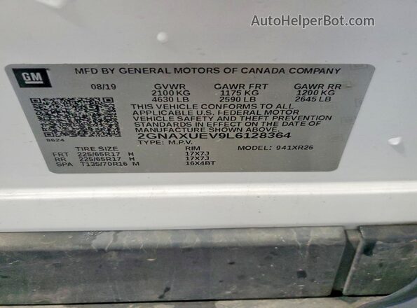 2GNAXUEV9L6128364 2020 CHEVROLET EQUINOX Белый Вид наклейки с VIN-кодом