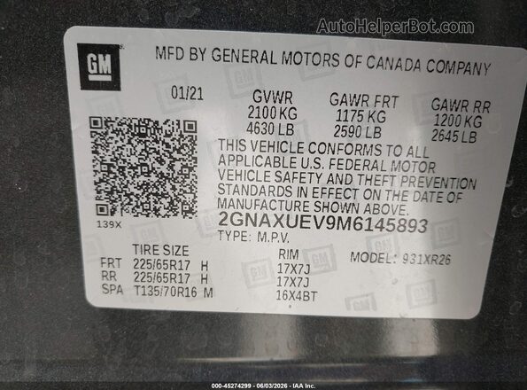 2GNAXUEV9M6145893 2021 CHEVROLET EQUINOX Gray Engine compartment view