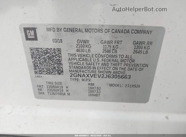 2GNAXVEV2J6305663 2018 CHEVROLET EQUINOX White Вид підкапотного простору