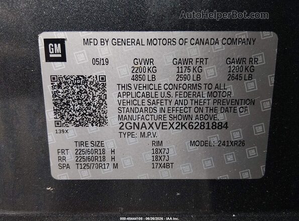 2GNAXVEX2K6281884 2019 CHEVROLET EQUINOX Gray Widok komory silnika