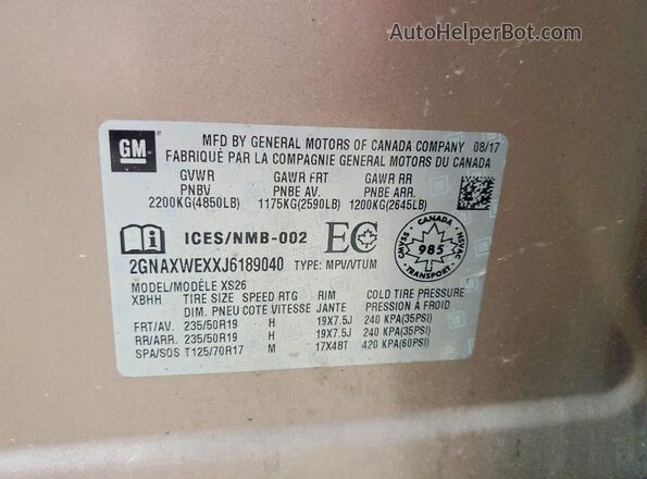 2GNAXWEXXJ6189040 2018 CHEVROLET EQUINOX Tan Widok naklejki z numerem VIN