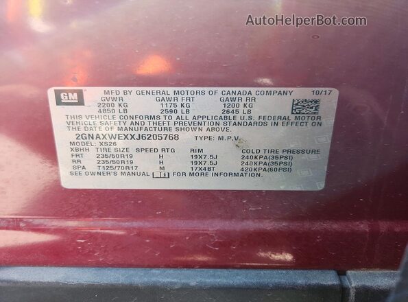 2GNAXWEXXJ6205768 2018 CHEVROLET EQUINOX Красный Вид наклейки с VIN-кодом