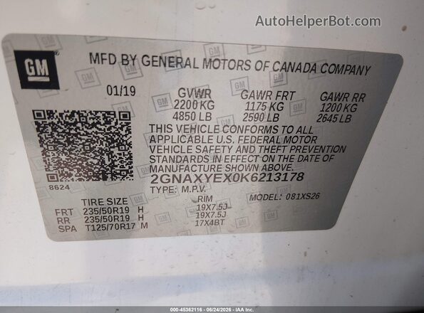 2GNAXYEX0K6213178 2019 CHEVROLET EQUINOX White Շարժիչի բաժամունքի տեսք