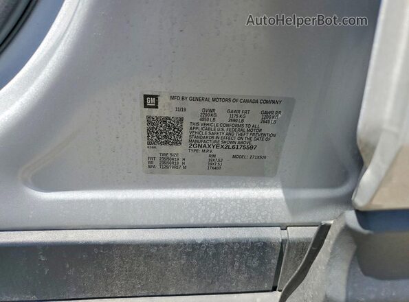 2GNAXYEX2L6175597 2020 CHEVROLET EQUINOX Silver VIN კოდის სტიკერის ხედი
