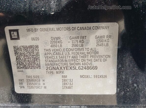 2GNAXYEX5L6248669 2020 CHEVROLET EQUINOX Черный Вид подкапотного пространства