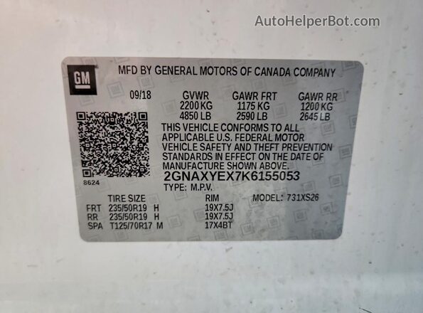 2GNAXYEX7K6155053 2019 CHEVROLET EQUINOX Белый Вид наклейки с VIN-кодом