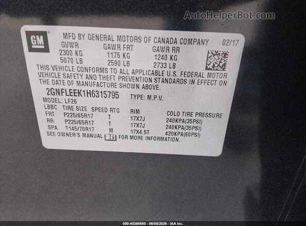 2GNFLEEK1H6315795 2017 CHEVROLET EQUINOX Gray Շարժիչի բաժամունքի տեսք