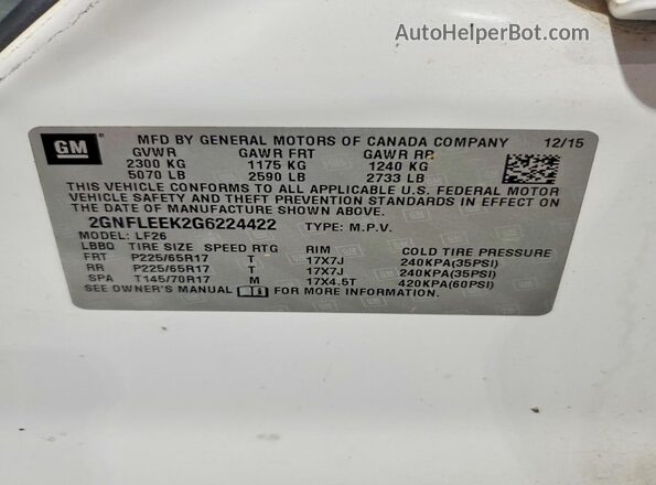 2GNFLEEK2G6224422 2016 CHEVROLET EQUINOX Белый Вид наклейки с VIN-кодом
