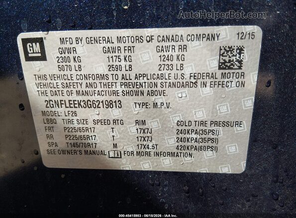 2GNFLEEK3G6219813 2016 CHEVROLET EQUINOX Синий Вид подкапотного пространства