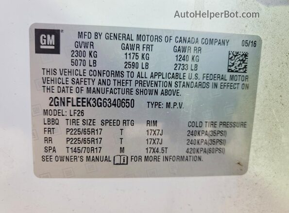 2GNFLEEK3G6340650 2016 CHEVROLET EQUINOX White Вид наклейки з VIN-кодом