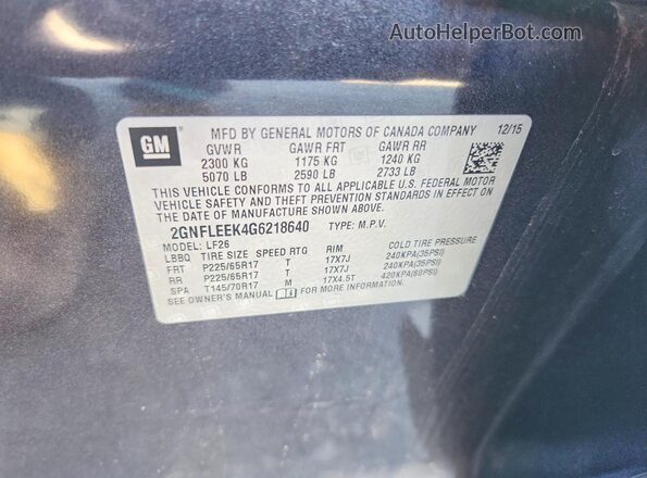 2GNFLEEK4G6218640 2016 CHEVROLET EQUINOX Black VIN კოდის სტიკერის ხედი