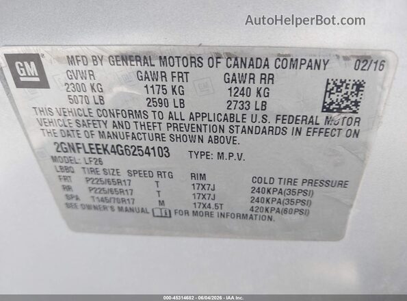 2GNFLEEK4G6254103 2016 CHEVROLET EQUINOX Silver Շարժիչի բաժամունքի տեսք