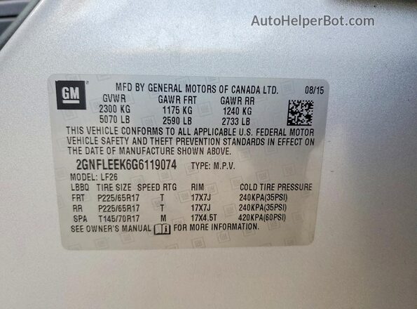 2GNFLEEK6G6119074 2016 CHEVROLET EQUINOX Silver 