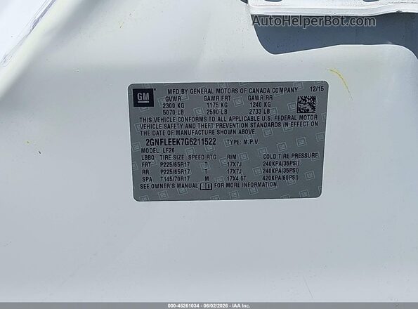 2GNFLEEK7G6211522 2016 CHEVROLET EQUINOX Белый Вид подкапотного пространства