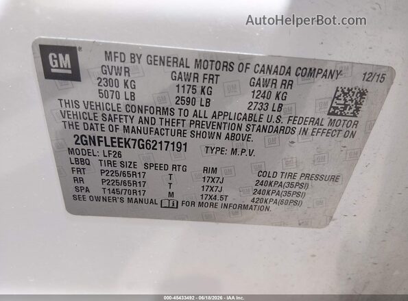 2GNFLEEK7G6217191 2016 CHEVROLET EQUINOX White ძრავის განყოფილების ხედი
