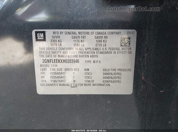 2GNFLEEKXH6283946 2017 CHEVROLET EQUINOX Серый 