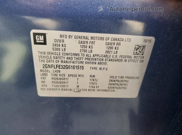 2GNFLFE32G6161515 2016 CHEVROLET EQUINOX Blue VIN կոդի պիտակի տեսք