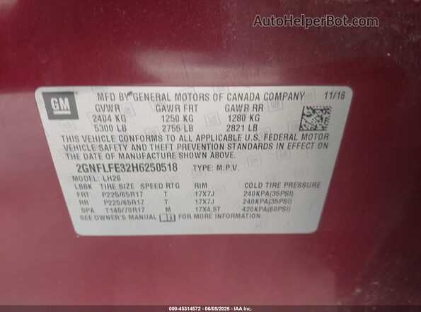 2GNFLFE32H6250518 2017 CHEVROLET EQUINOX Red Շարժիչի բաժամունքի տեսք