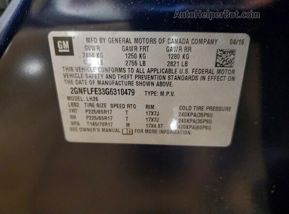 2GNFLFE33G6310479 2016 CHEVROLET EQUINOX Blue VIN կոդի պիտակի տեսք