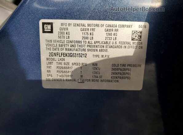 2GNFLFEK0G6315212 2016 CHEVROLET EQUINOX Blue 