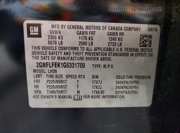 2GNFLFEK1G6331709 2016 CHEVROLET EQUINOX Синий Вид наклейки с VIN-кодом