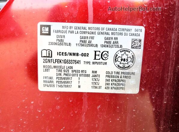 2GNFLFEK1G6337641 2016 CHEVROLET EQUINOX Red 