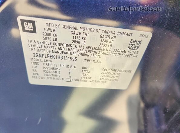 2GNFLFEK1H6131995 2017 CHEVROLET EQUINOX Blue Widok naklejki z numerem VIN