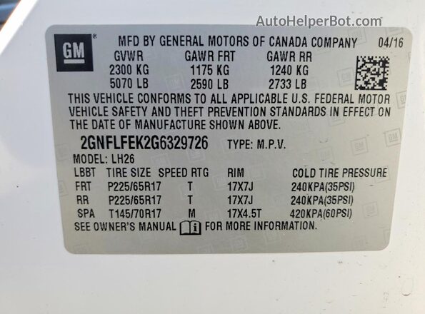 2GNFLFEK2G6329726 2016 CHEVROLET EQUINOX White VIN კოდის სტიკერის ხედი