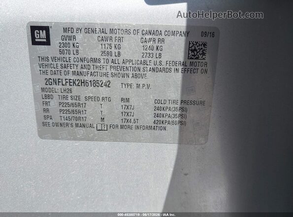 2GNFLFEK2H6185242 2017 CHEVROLET EQUINOX Серебряный Вид подкапотного пространства