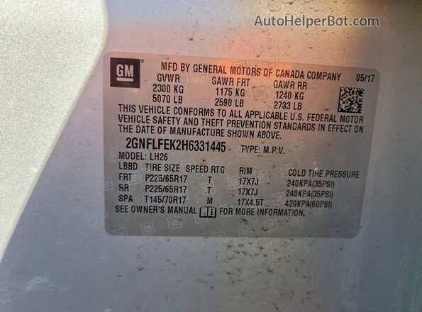2GNFLFEK2H6331445 2017 CHEVROLET EQUINOX Silver Vista de la etiqueta del VIN