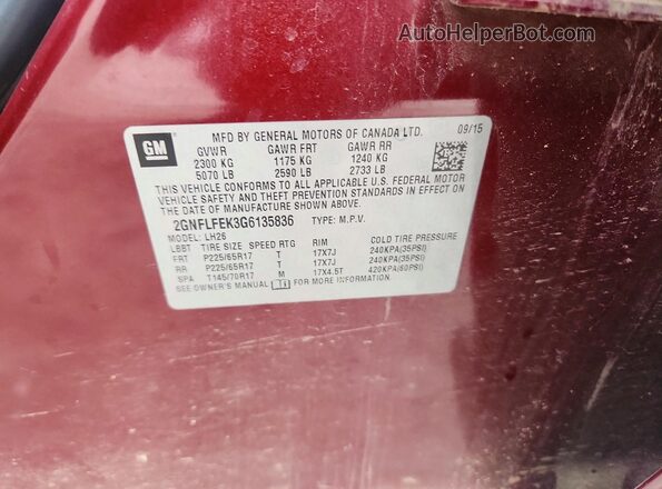 2GNFLFEK3G6135836 2016 CHEVROLET EQUINOX Burgundy VIN კოდის სტიკერის ხედი