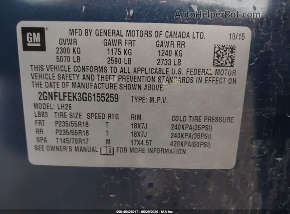 2GNFLFEK3G6155259 2016 CHEVROLET EQUINOX Blue Вид підкапотного простору