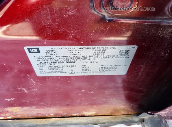 2GNFLFEK3G6168092 2016 CHEVROLET EQUINOX Red VIN კოდის სტიკერის ხედი