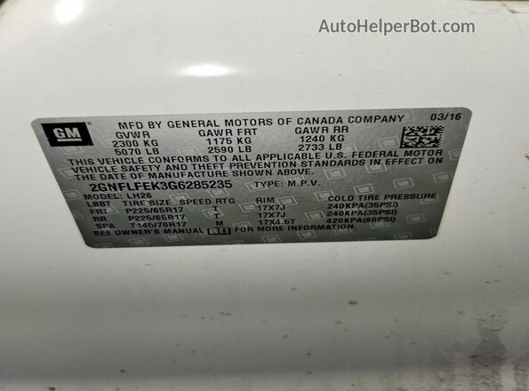 2GNFLFEK3G6285235 2016 CHEVROLET EQUINOX White Սալոնի 360 աստիճան տեսք