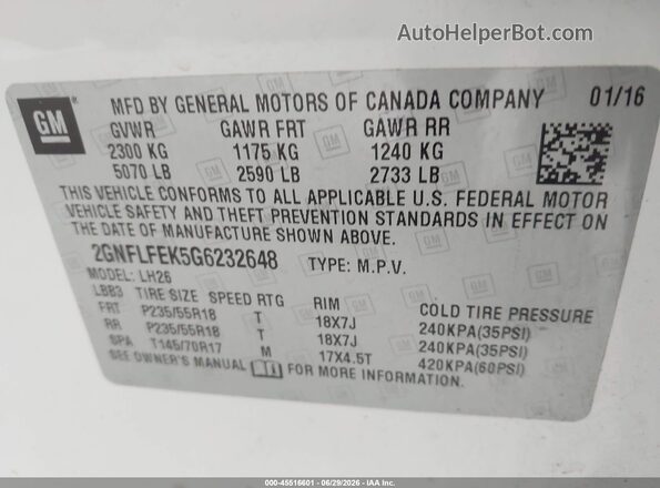 2GNFLFEK5G6232648 2016 CHEVROLET EQUINOX Белый Вид подкапотного пространства