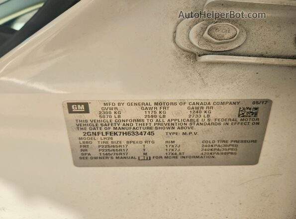 2GNFLFEK7H6334745 2017 CHEVROLET EQUINOX White VIN կոդի պիտակի տեսք