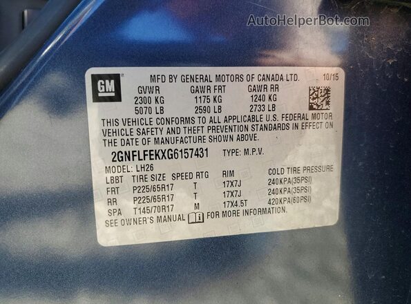 2GNFLFEKXG6157431 2016 CHEVROLET EQUINOX Blue ძრავის განყოფილების ხედი