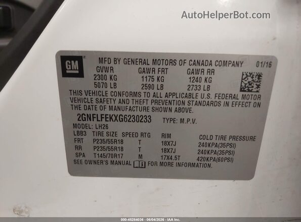 2GNFLFEKXG6230233 2016 CHEVROLET EQUINOX White Vista del compartimento del motor