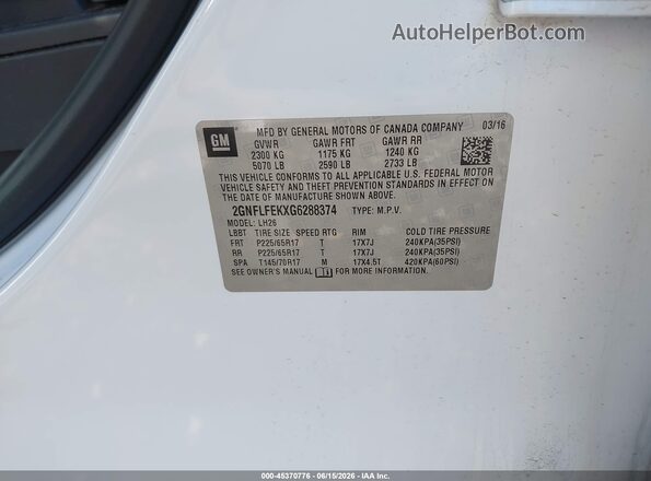 2GNFLFEKXG6288374 2016 CHEVROLET EQUINOX White ძრავის განყოფილების ხედი