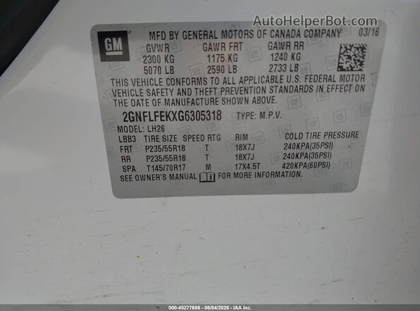 2GNFLFEKXG6305318 2016 CHEVROLET EQUINOX White ძრავის განყოფილების ხედი