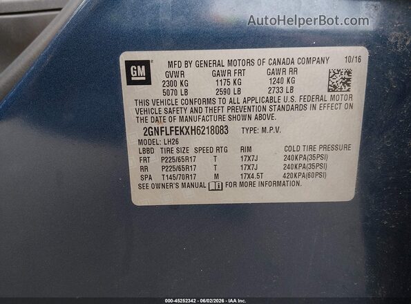2GNFLFEKXH6218083 2017 CHEVROLET EQUINOX Синий Вид задних сидений